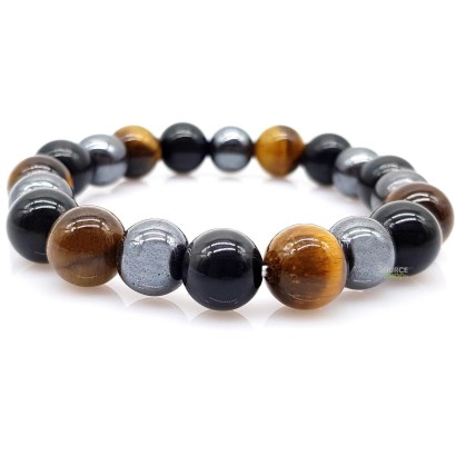 Bracelet protection pierre naturelle obsidienne noire perle plate acier inoxydable argent oil de tigre 