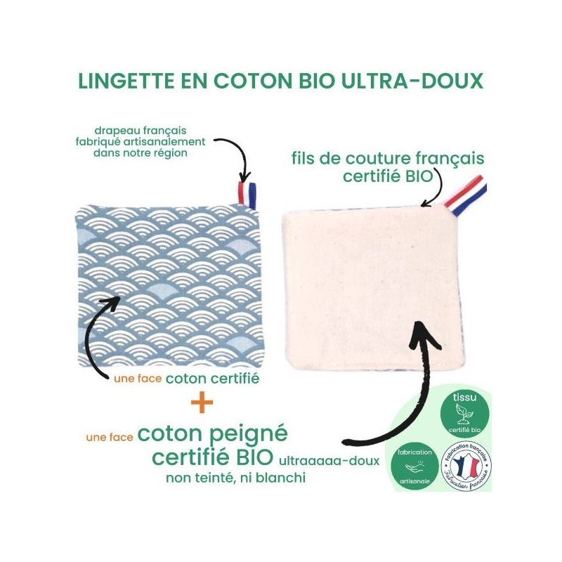 Lingette réutilisable & lavable en coton BIO non teinté ni blanchi