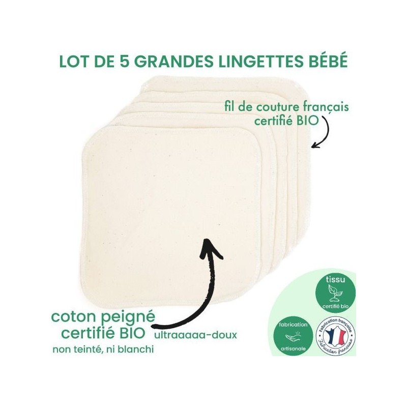 5 lingettes lavables bébé - coton BIO ultra-doux non teinté ni blanchi