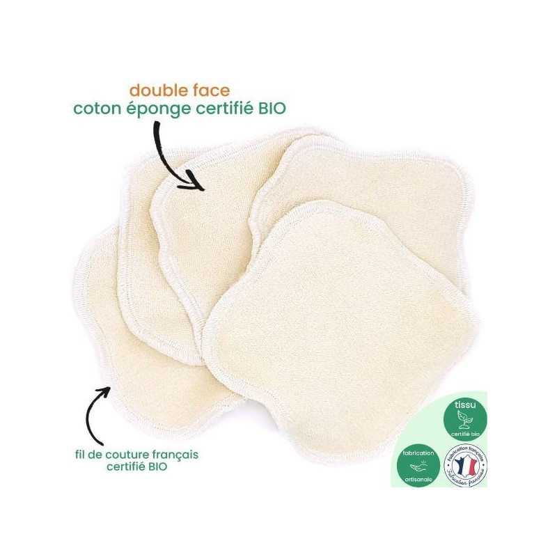 Lingettes lavables 100% coton bio GOTS Made in France