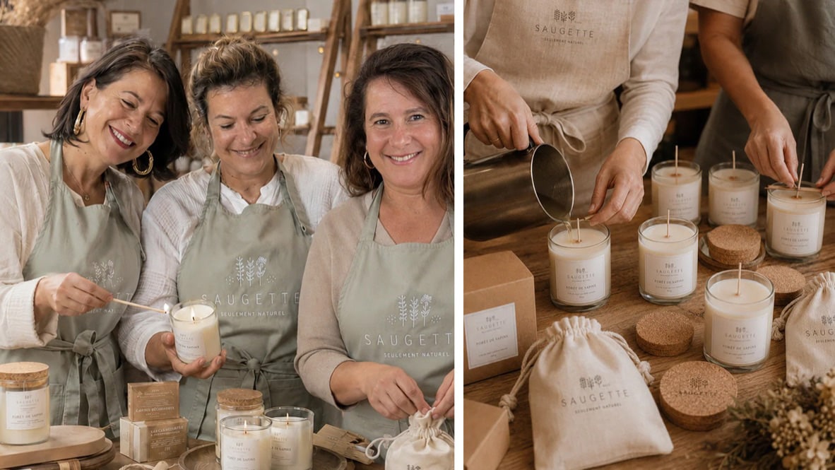 Les trois sœurs fondatrices de Saugette dans leur atelier de fabrication artisanale de bougies parfumées en France, à la cire végétale de soja